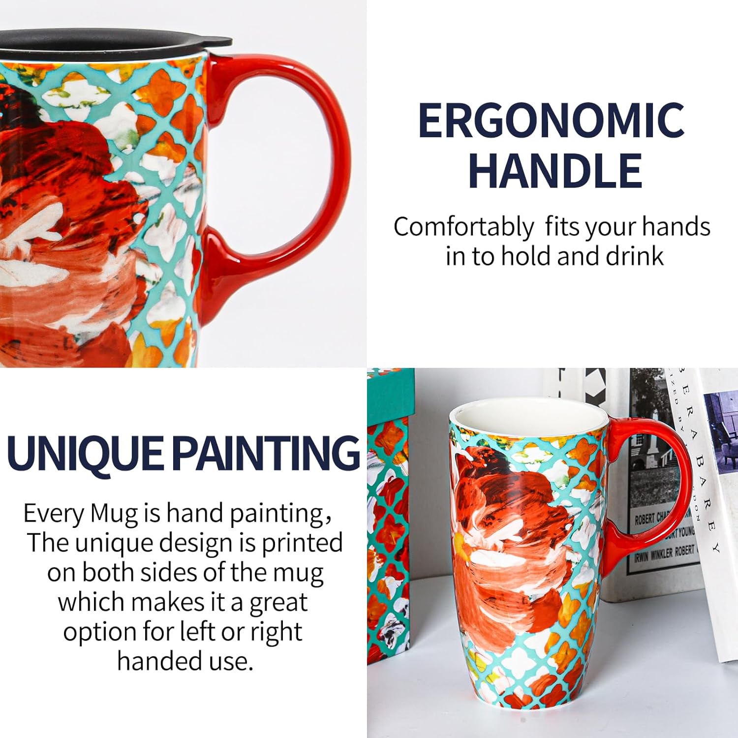 Topadorn Ceramic Coffee Mug Travel Cup Gift with Lid 17oz., Porcelain Tall Tea Cup with Handle for Home & Office, Red Flower Art Pattern Gift Mug, 6.5''H - Image 4