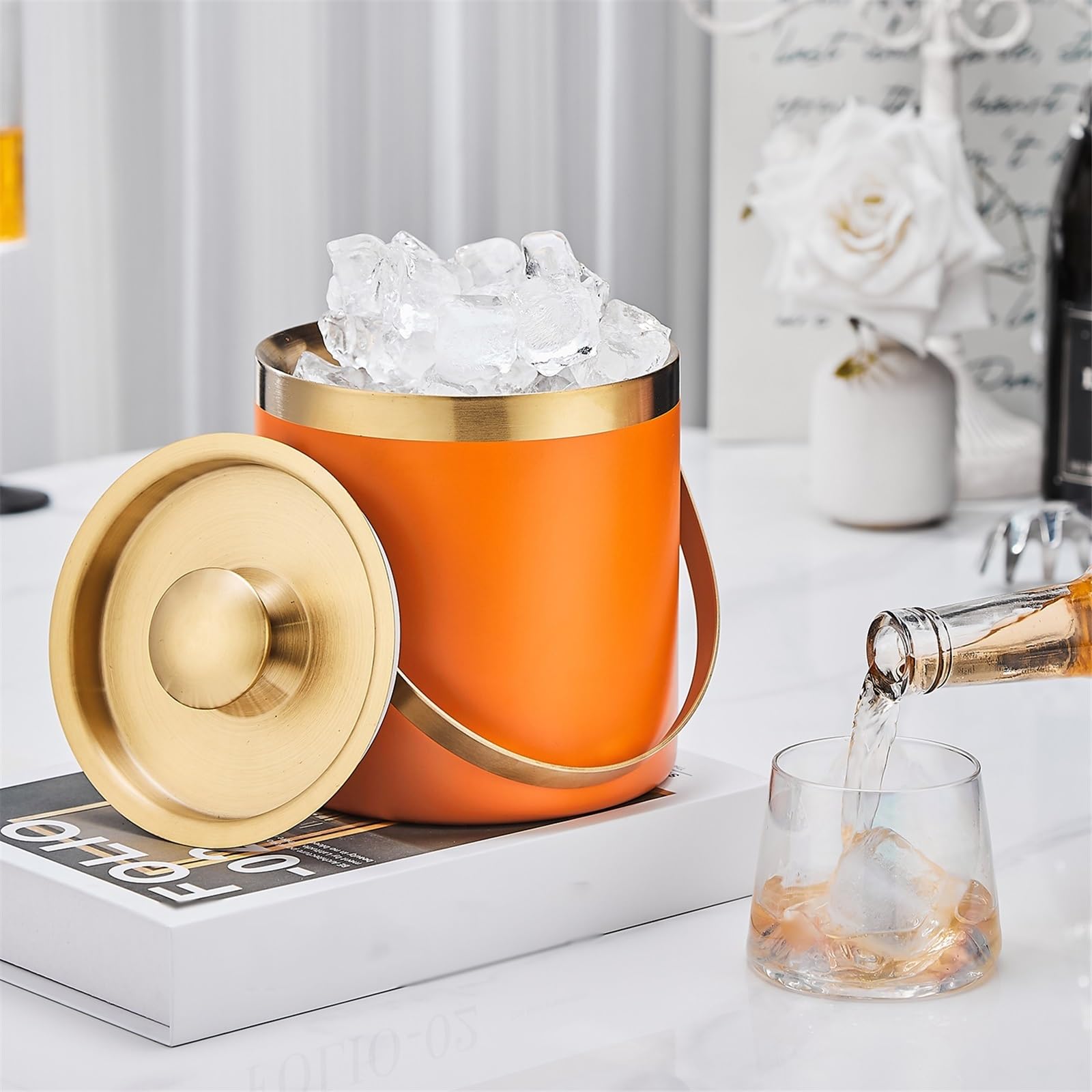Portabilidad Cubo de hielo engrosado doble capa con tapa multiusos | Acero inoxidable(Orange)