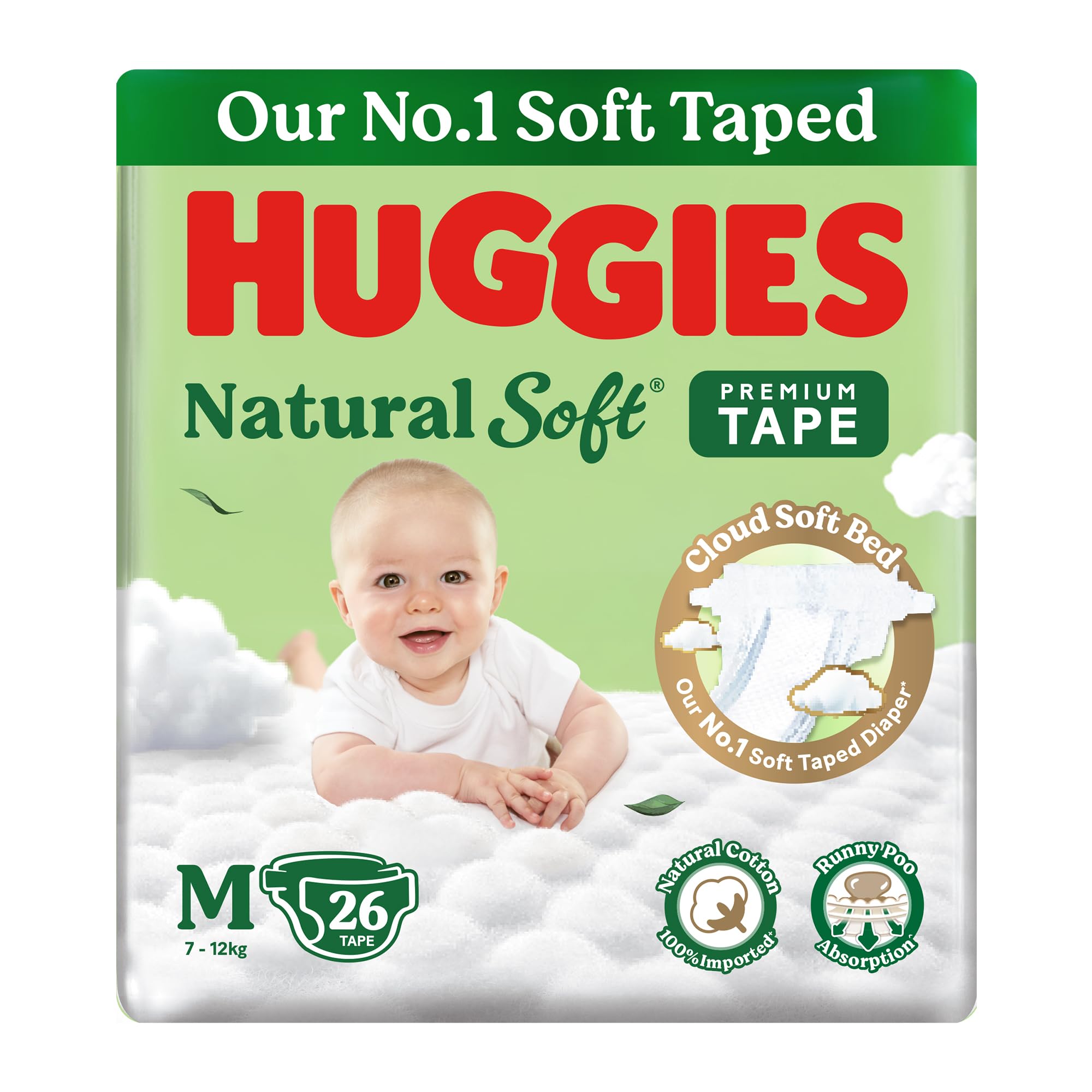 Huggies Natural Soft Premium Tape Diapers Medium (M) Size, 7-12 kgs,26 Count | Our No.1 Soft Taped Diaper with Cloud Soft Bed and Runny Poo Absorption-image-48