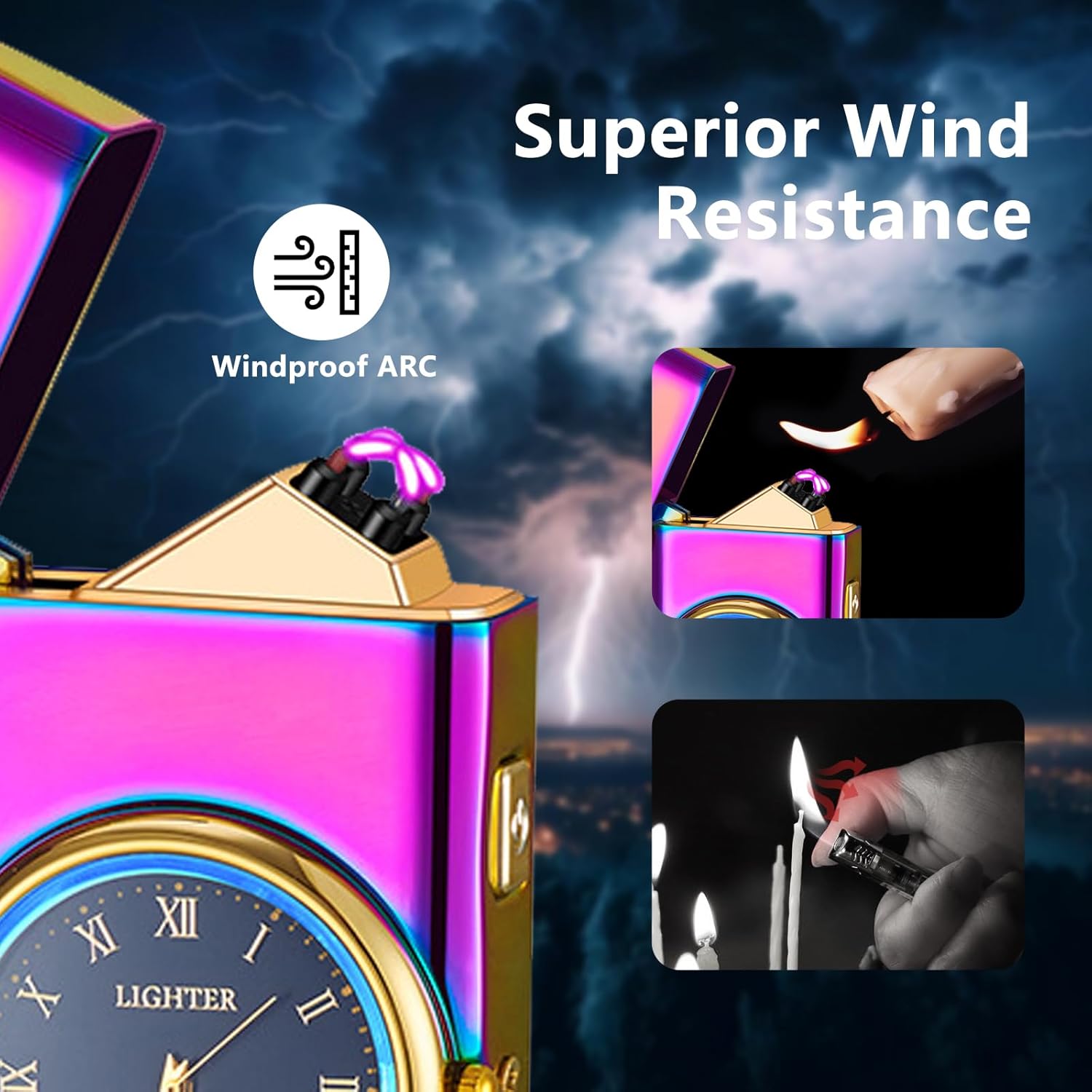 Windproof Dual Arc USB Rechargeable Clock Plasma Lighter with LED Display Lighter for Camping, Hiking, Candles, Barbecues and Outdoor Adventures（Color）