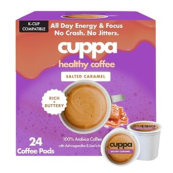 Cuppa Salted Caramel Mushroom Coffee with Adaptogens & Superfoods - Lions Mane, Ashwagandha & Cordyceps. Adaptogens + MCT to support natural energy, mental focus & gut health 24 Servings