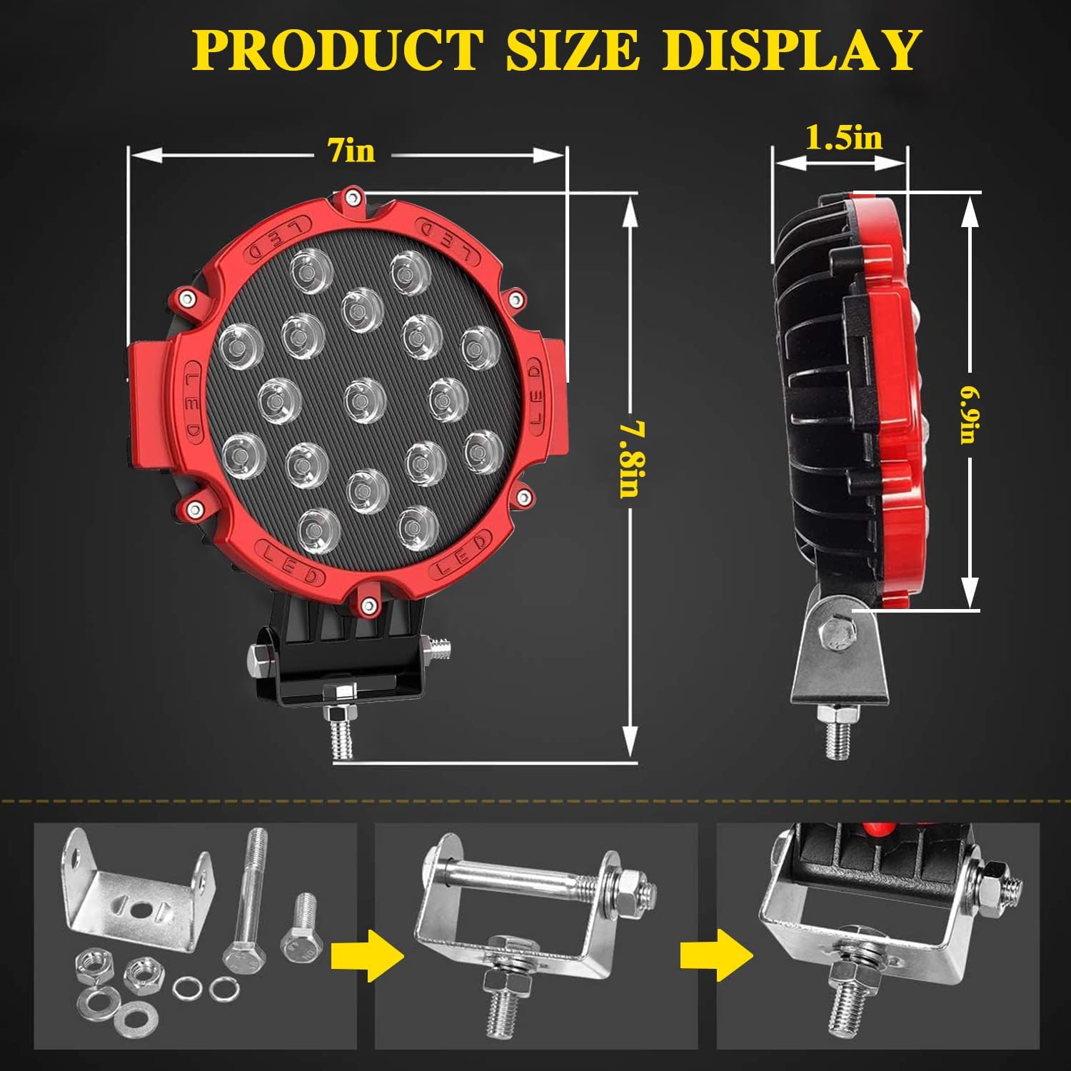 Round LED Off Road Lights,7 inch 51W Trucks Tractor LED Work Lights 12V 24V Waterproof Off-Road Driving Fog Lights for Snowmobile Golf Cart ATV UTV RV Plower, 2 PCS Red