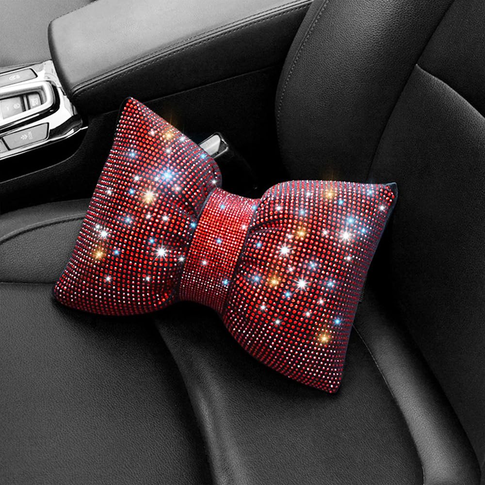Cuscino Poggiatesta Auto A Fiocco Con Strass Lucenti – Nero, Morbido, Con Cinghia Elastica – Accessorio Auto Per Donne E Ragazze, Regalo Originale