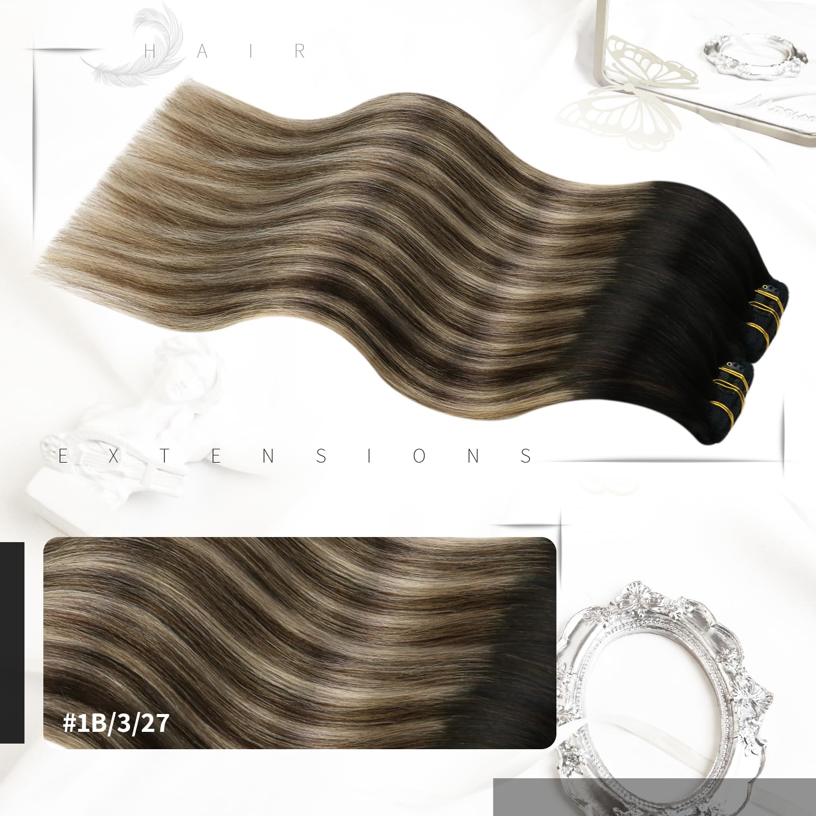 Moresoo Clip in Hair Extensions Real Human Hair Balayage Hair Extensions Clip in Natural Black to Dark Brown with Caramel Blonde Human Hair 22 Inch 7 Pieces/120g #1B/3/27 - Image 2