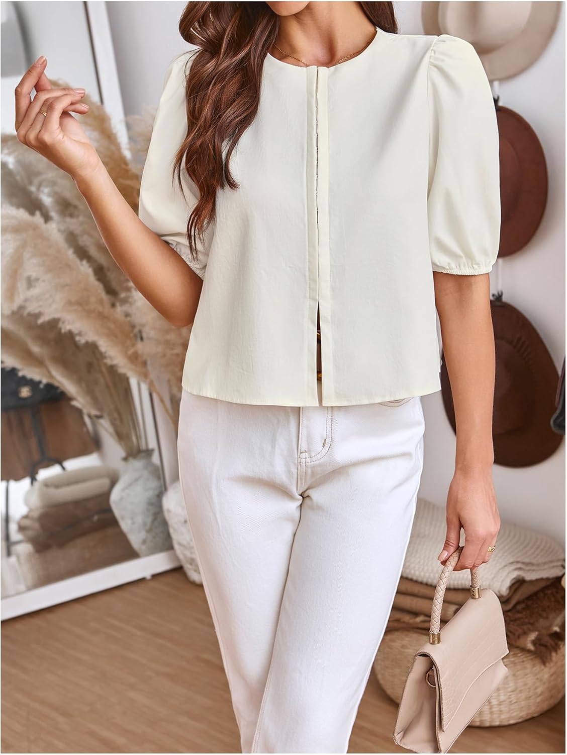 SweatyRocks Women's Summer Puff Short Sleeve Crew Neck Boxy Trendy Blouses Shirt Top - Image 6