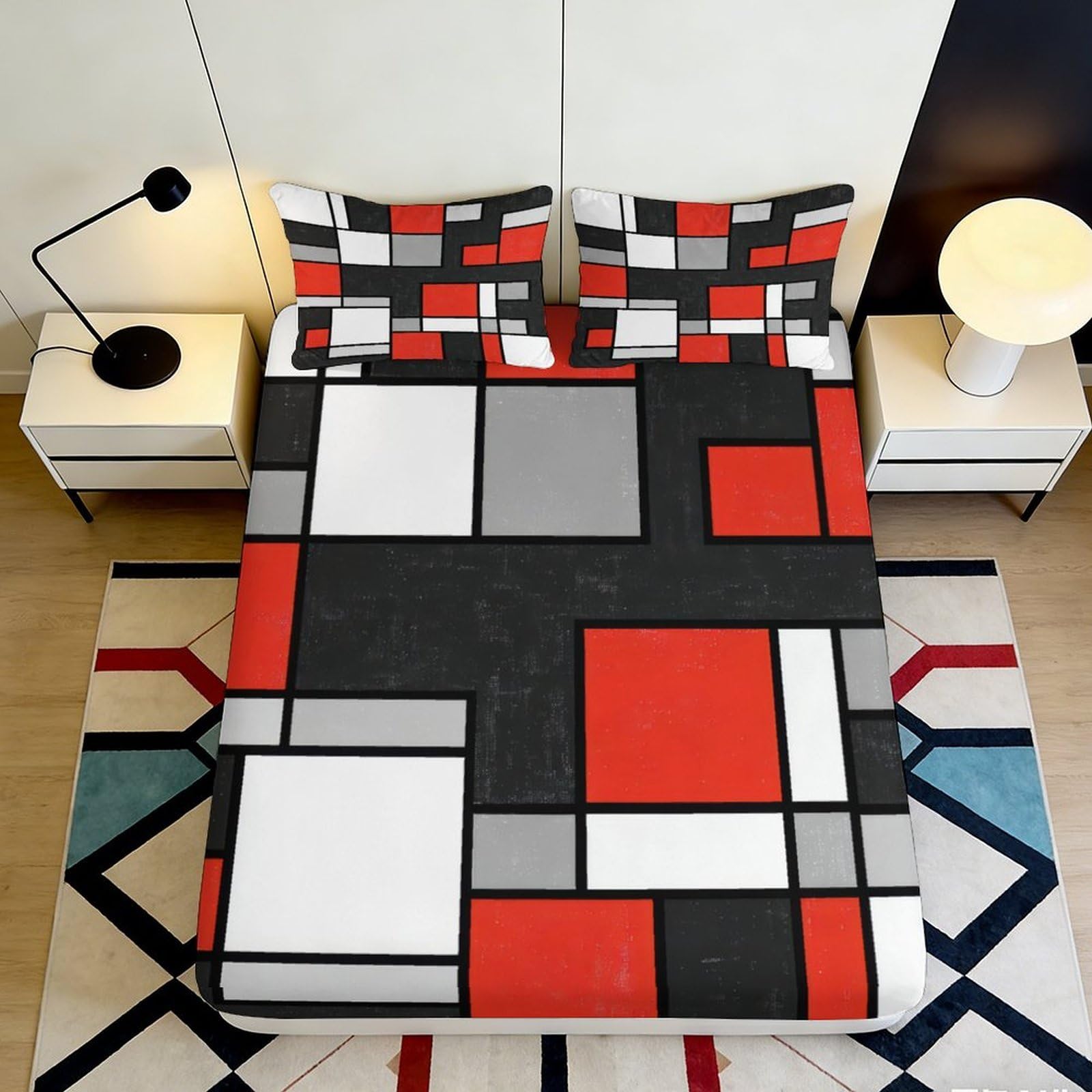 3D Printed Geometric Fitted Sheet Microfiber Durable Soft 3D Printed Abstract Bed Cover for Bedroom Dormitory Guest Room Mattress Protection 140x200x25cm