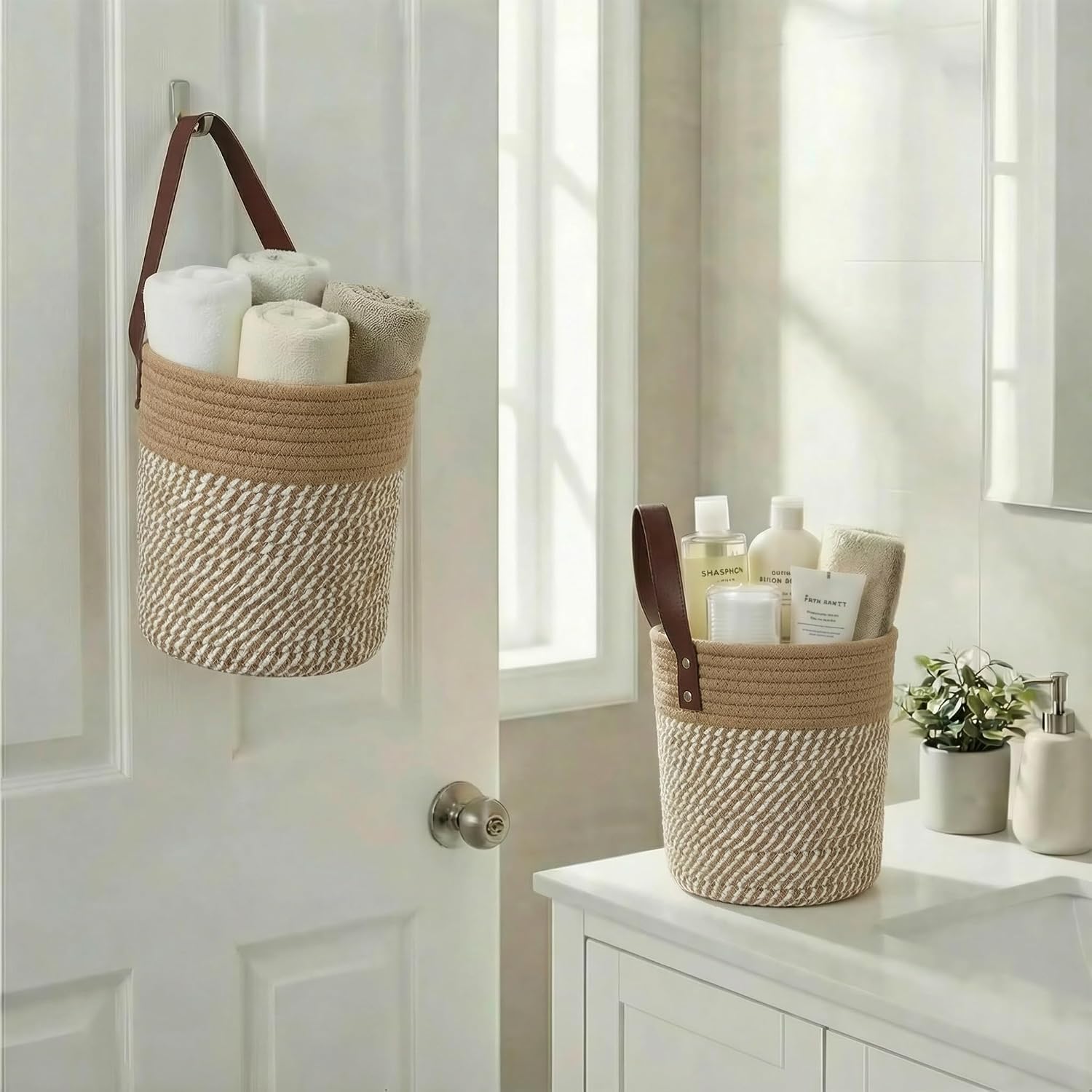2Pack Natural Jute Hanging Baskets 7 * 8 in, Round Woven Wall Decor & Storage Planter for Plant Decor and Home Organization,Walls Basket for Bedroom, Living Room, Bathroom,Boho Decor (Brown) image 3