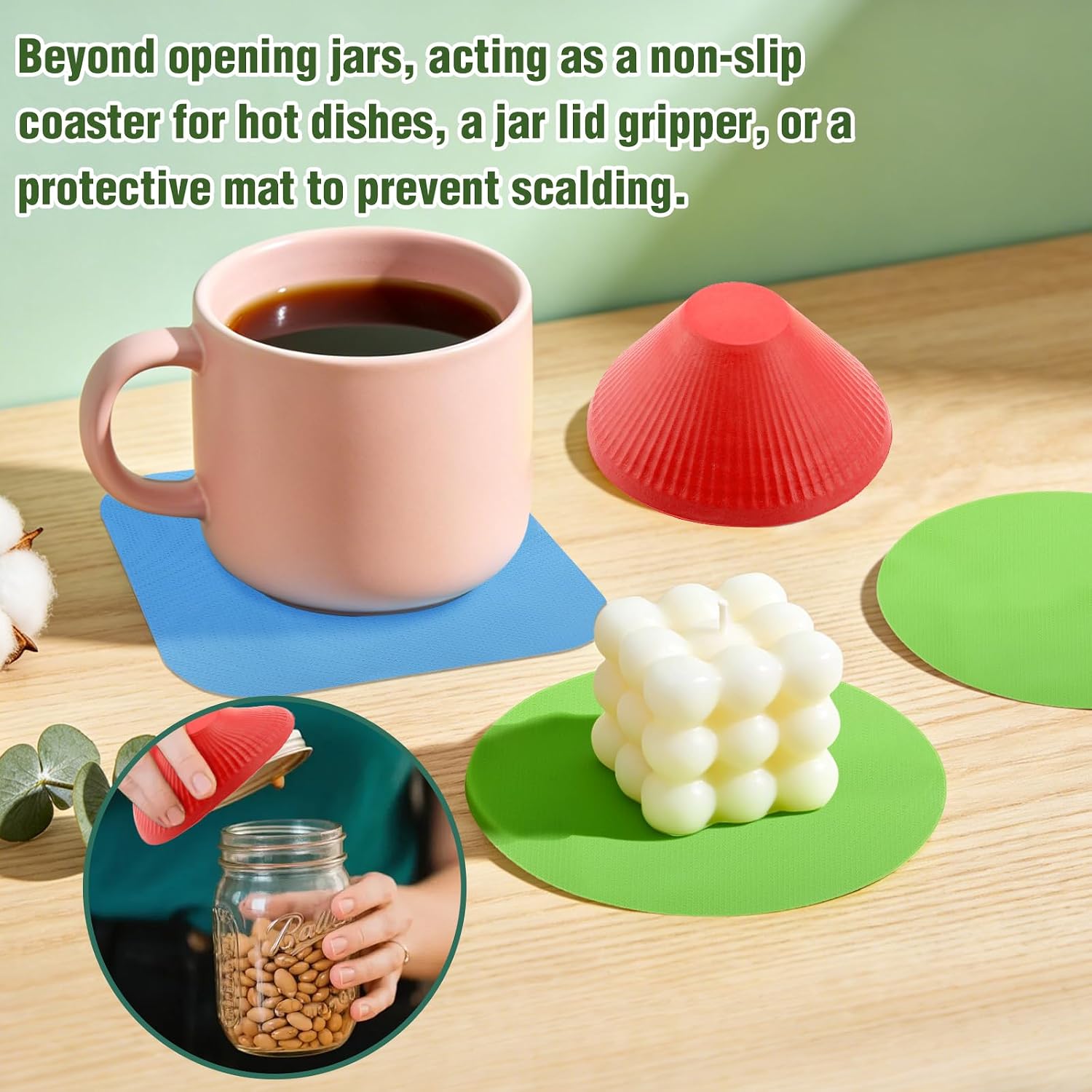 9Pcs Rubber Jar Opener, Non-Slip Rubber Gripper for Effortless Lid Opening, Kitchen Tool for Stubborn Jars and Bottles - Green