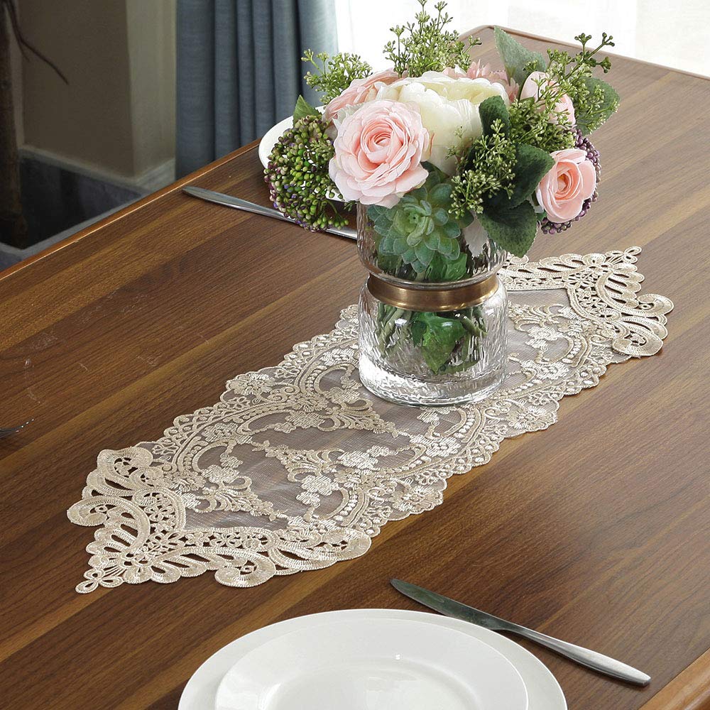 ARTABLE Champagne Small Lace Table Runner Macrame Dresser Scarf 10x36 Inch