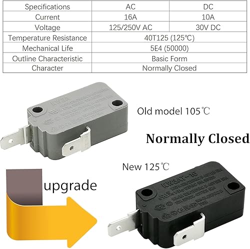 Miniatura 3 de Pieza de repuesto para interruptor de puerta de horno microondas, 16A 125VAC, KW3AT-16 (compatible con KW3A-16), 2 veces normalmente abierto + 1