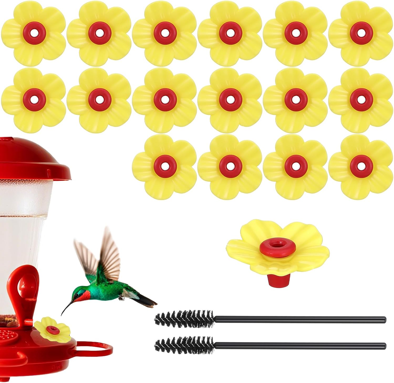 Thinp 16 Pcs Hummingbird Feeder Replacement Flowers, Pet Bird Feeder Replacement Parts with 2 Cleaning Brush Plastic Bee Guards for Hummingbird Feeders Feeding Ports for Outdoor Hanging Feeders
