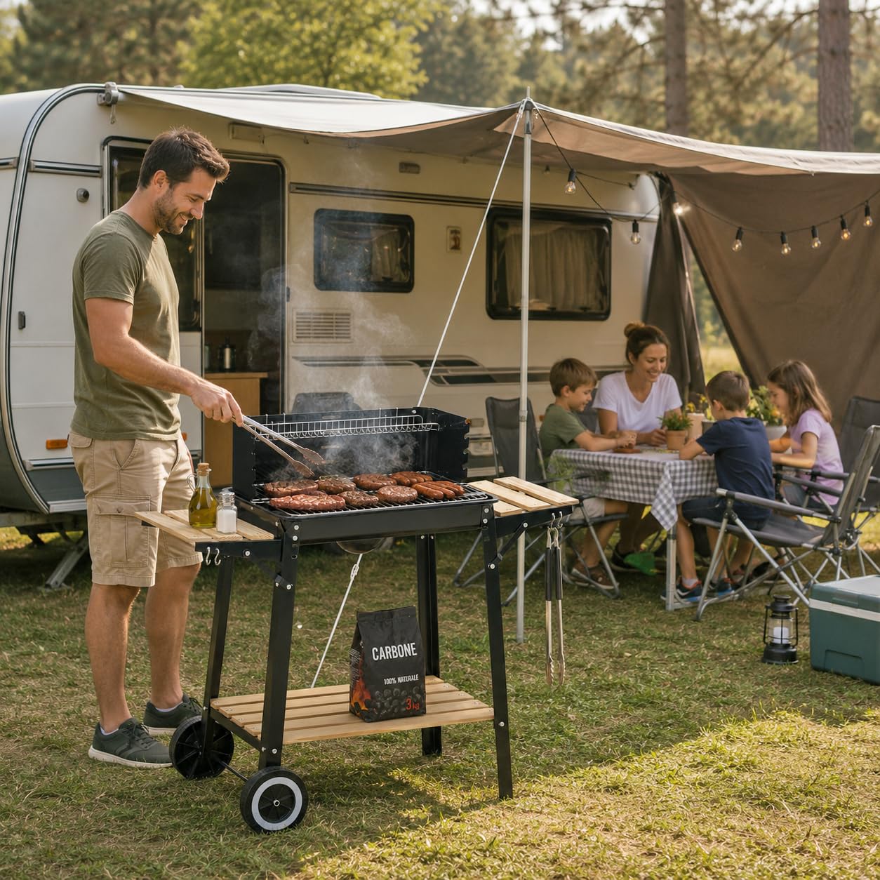 Barbecue A Carbonella In Acciaio Nero Con Ripiani Laterali E Ruote Griglia 48,5x29 Cm Altezza Regolabile Paravento Braciere Smaltato Per Giardino Terrazzo