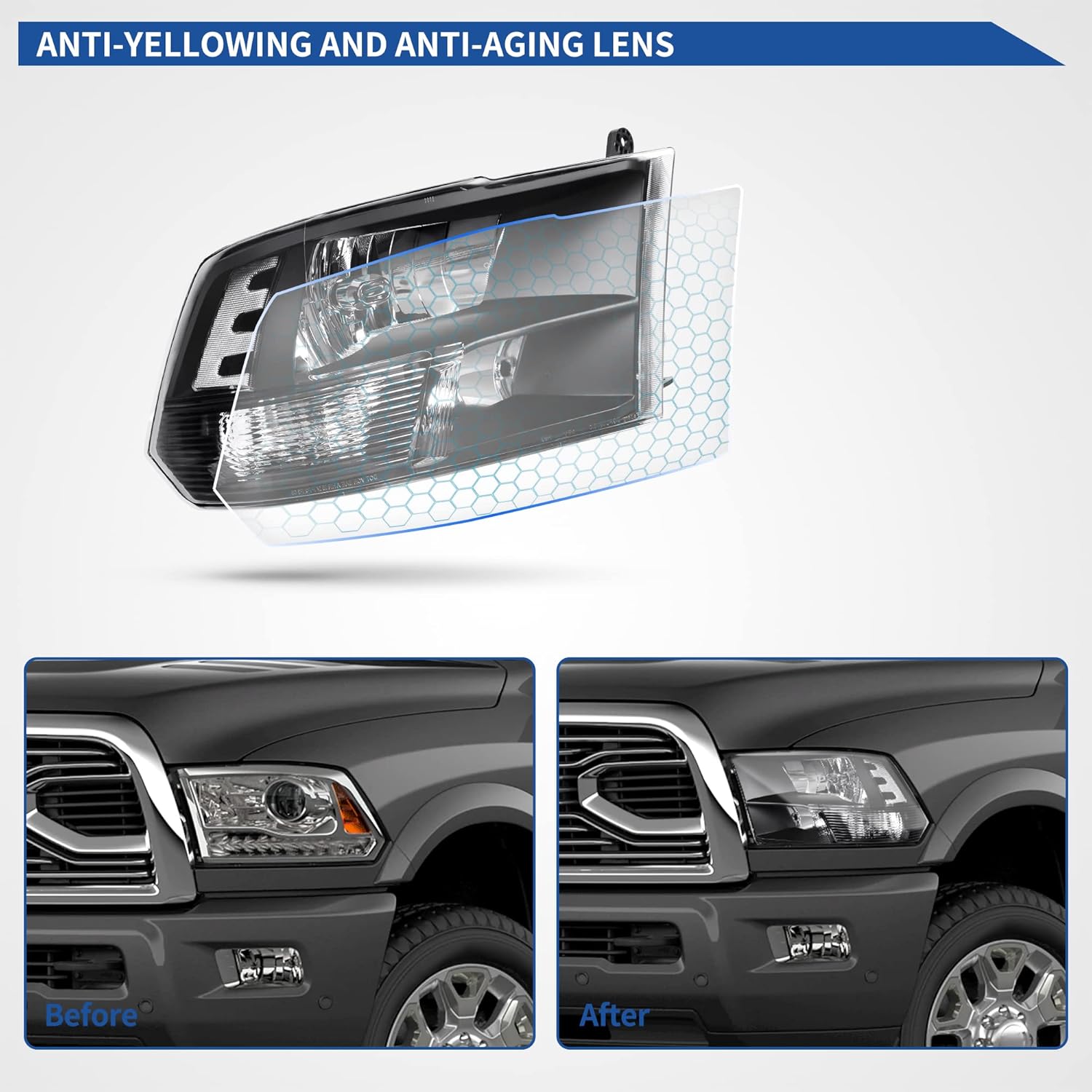 oEdRo Headlights Assembly Compatible with 2009-2018 Dodge Ram 1500/10-18 Dodge Ram 2500 3500/19-22 Ram 1500 Classic Headlamp Replacement Black Housing Clear Reflector Clear Lens (Quad Models Only)
