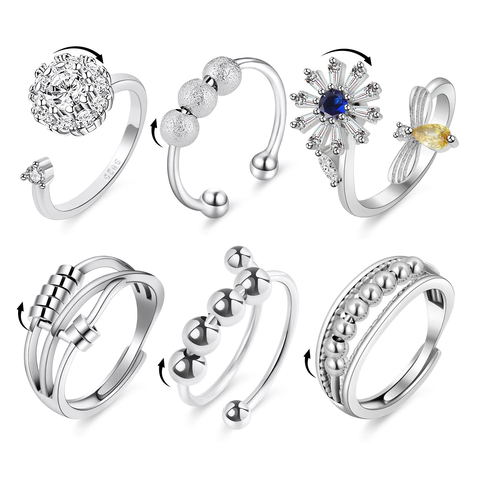 Aucuu Angst Spinning Ringe für Damen, Kupfer-versilberter Damenringe, Offener Ringe Fidget Spinner Ringe, Zirkonia Zappelringe, Verstellbare Stapelbare für Stress Abbauen