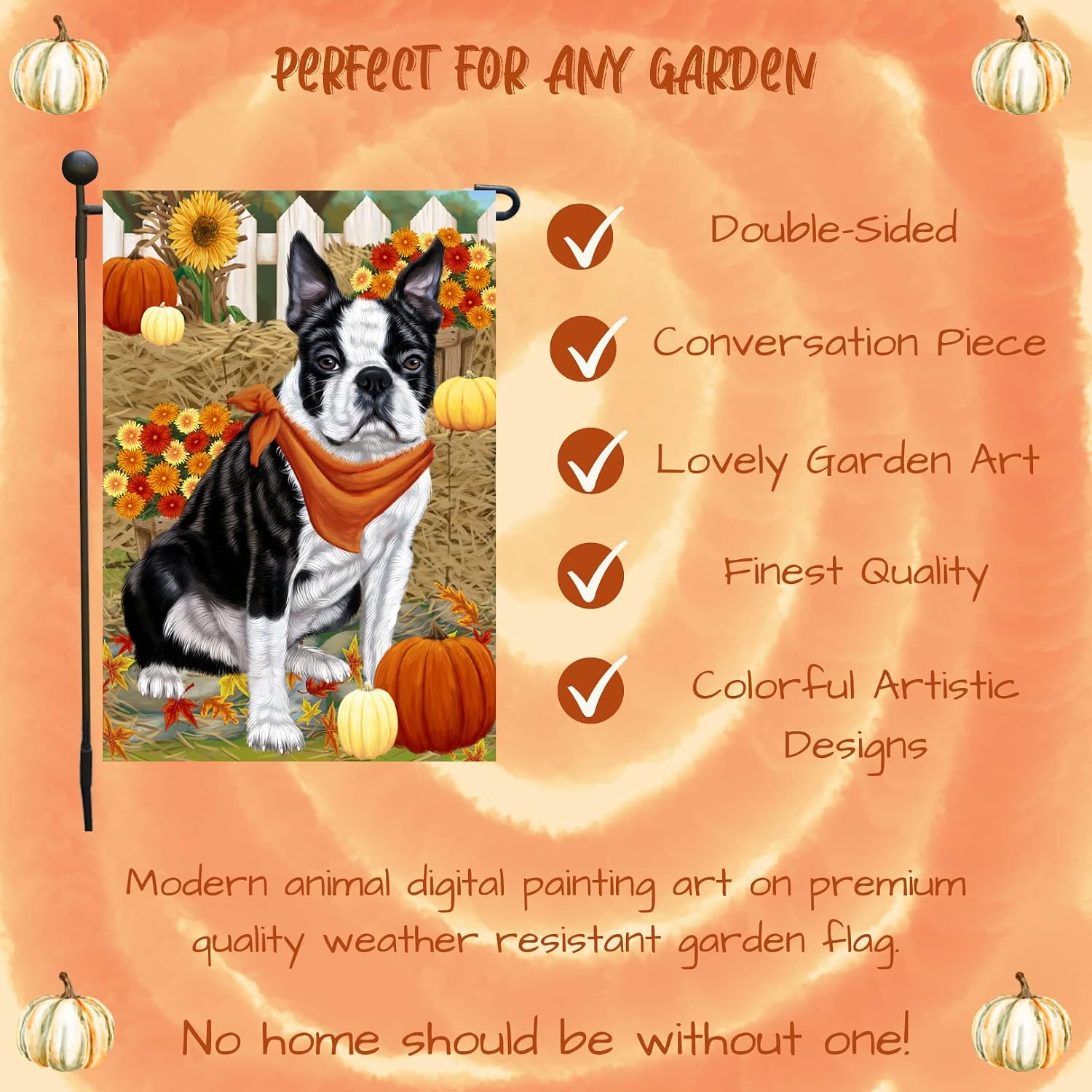 Boston Terrier Dog Garden Flag Fall Harvest Pumpkin Leaves Double Sided Yard Banner Seasonal Outdoor Decoration for Porch Lawn Patio Farmhouse Rustic Thanksgiving Holiday Décor 12.5" x 18"