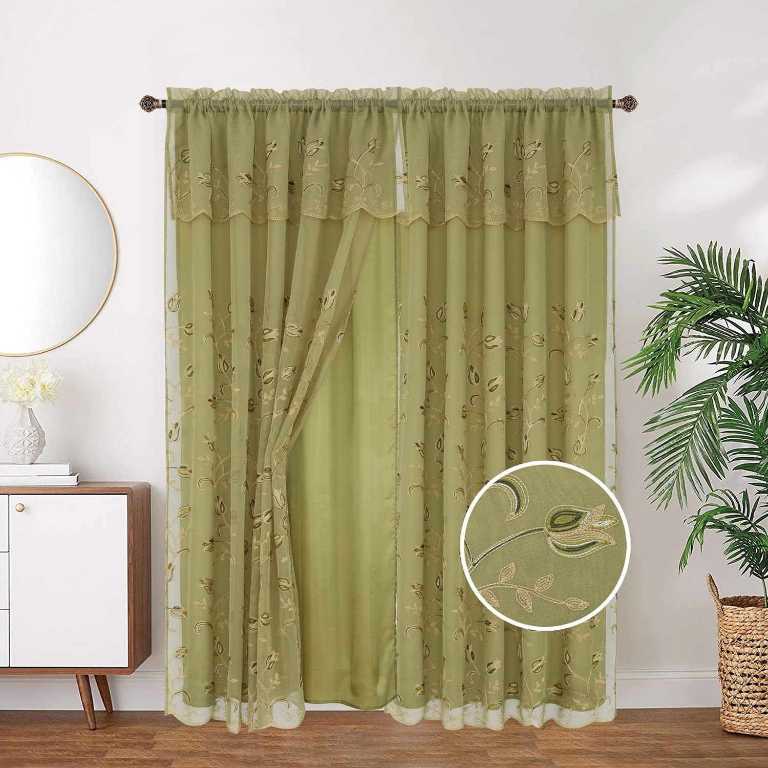 Kylie Embroidered Rod Pocket Window Panel with Attached Valance and Backing, 2 Ply Curtain with Beautiful Embroidered Tulip Design, and Satin Backing, 54x90 Inches (Yellow)