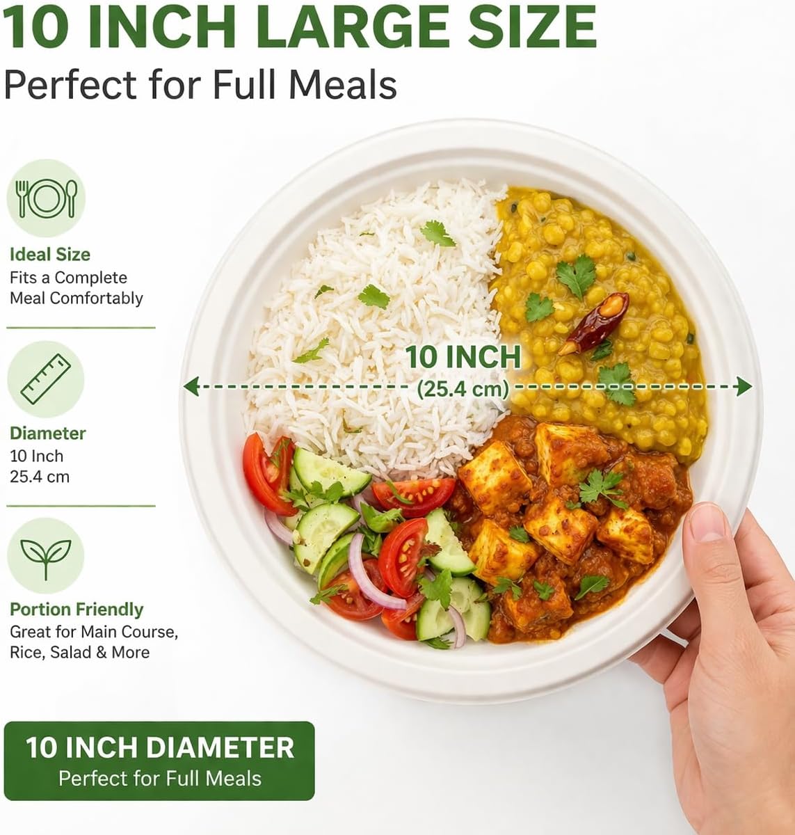 Compostable Plates 10 Inch round Heavy-Duty, 150 Count, 3X Stronger*, Microwave- & Freezer Safe, Soak-Proof, Biodegradable and Disposable Sugarcane Bagasse Plates