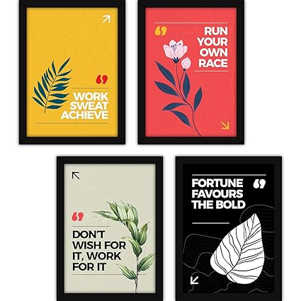 FATMUG Synthetic Motivational Quotes For Office And Living Room, Modern Wall Art, With Glass Multicolour-Set Of 4 (Set 9 Four A4)