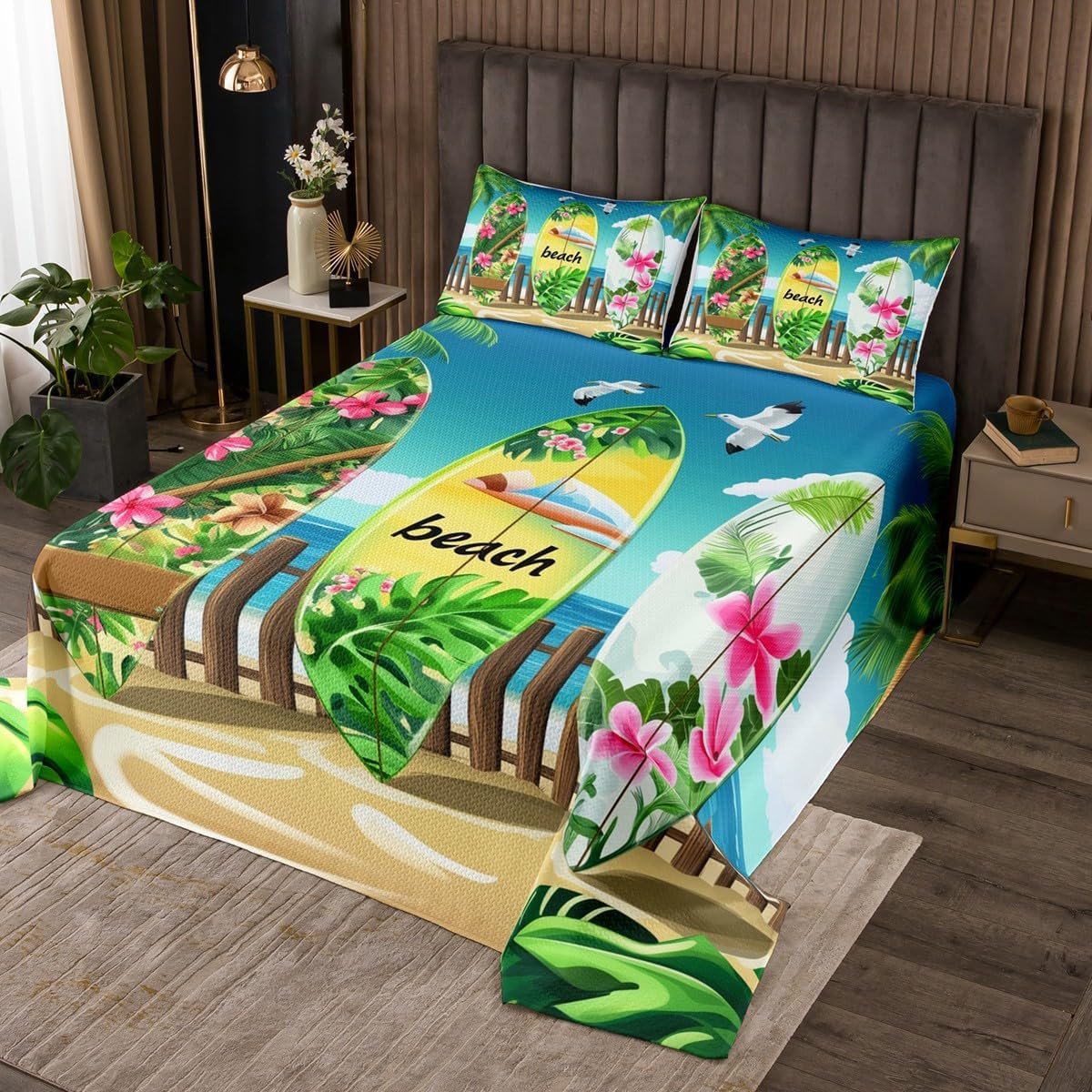 Erosebridal Kids Surfboard Bedspread Set Queen Hawaii Ocean Surfing Quilt Set Boys Teens Men Sea Coastal Flower Decor Coverlet Set,Beach Plam Tree Bed Set Surfing Sports Bedding Set