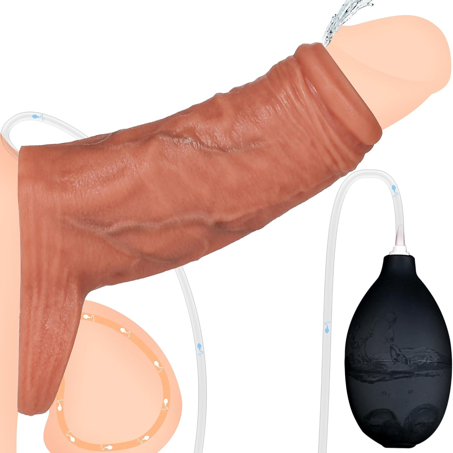 Realistic Squirting Penis Sleeve for Men, Reusable Silicone Open Head Cock Sleeve with Testicle Ring, Squeeze Bulb Liquid Release, Girth Enhancer Delay Ejaculation Enhance Erection Male Sex Toy - M