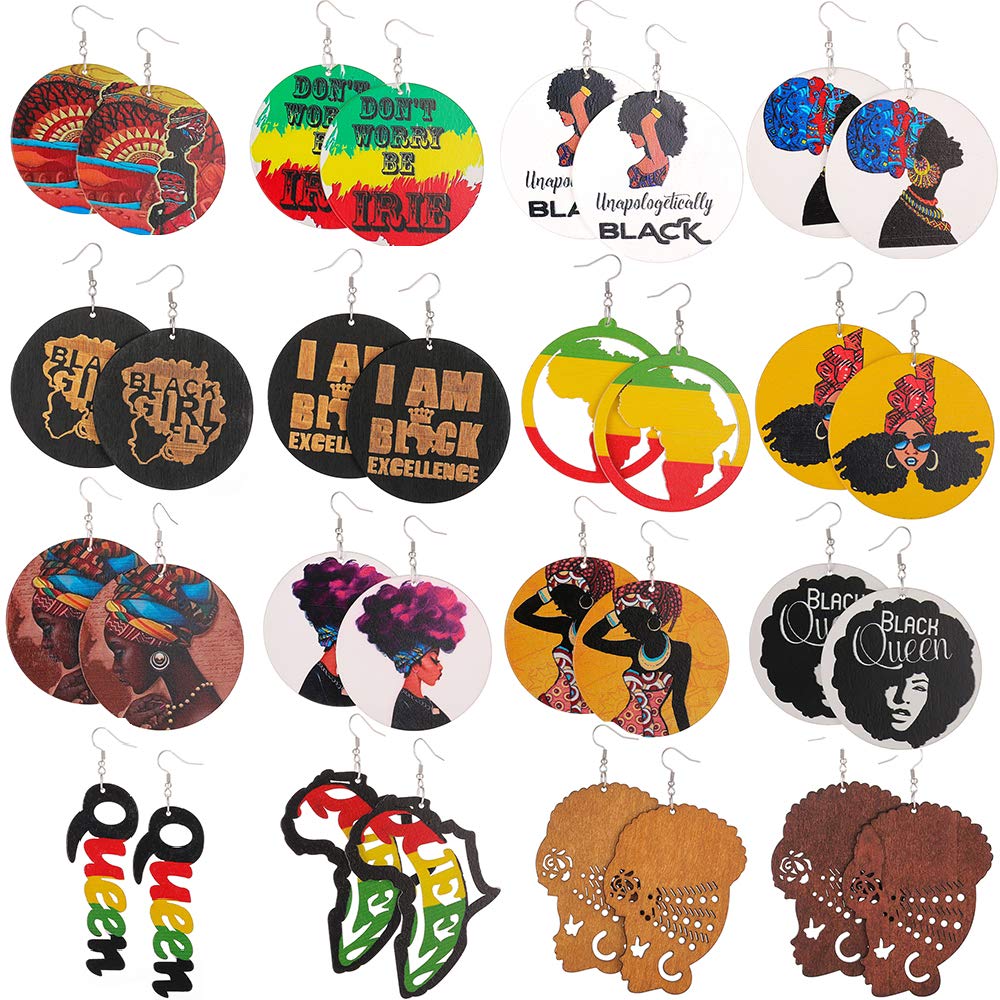 16 Pairs Round African Women Earrings Wooden Painted Earrings Ethnic Style Earring Drop Dangle Earrings Set
