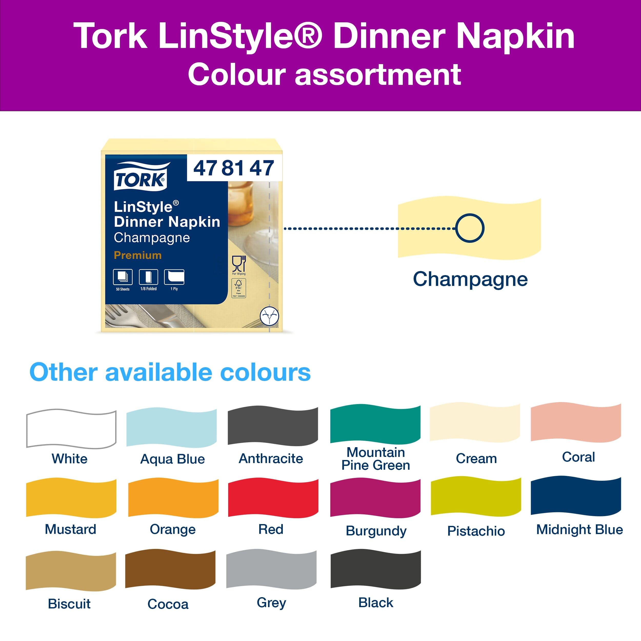 Tork 478147 Linstyle Servilleta para cena/Servilleta Airlaid con plegado americano 1/8 / 1 capa/color champagne / 12 paquetes x 50 unidades (600 servilletas)/ 40 cm x 39 cm/Premium