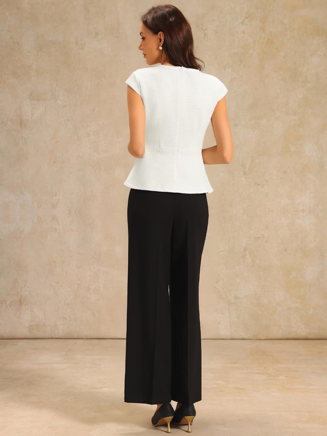 Women's Elegant Tweed Top Crew Neck Cap Sleeve Business Office Peplum Blouse Tops - Image 5