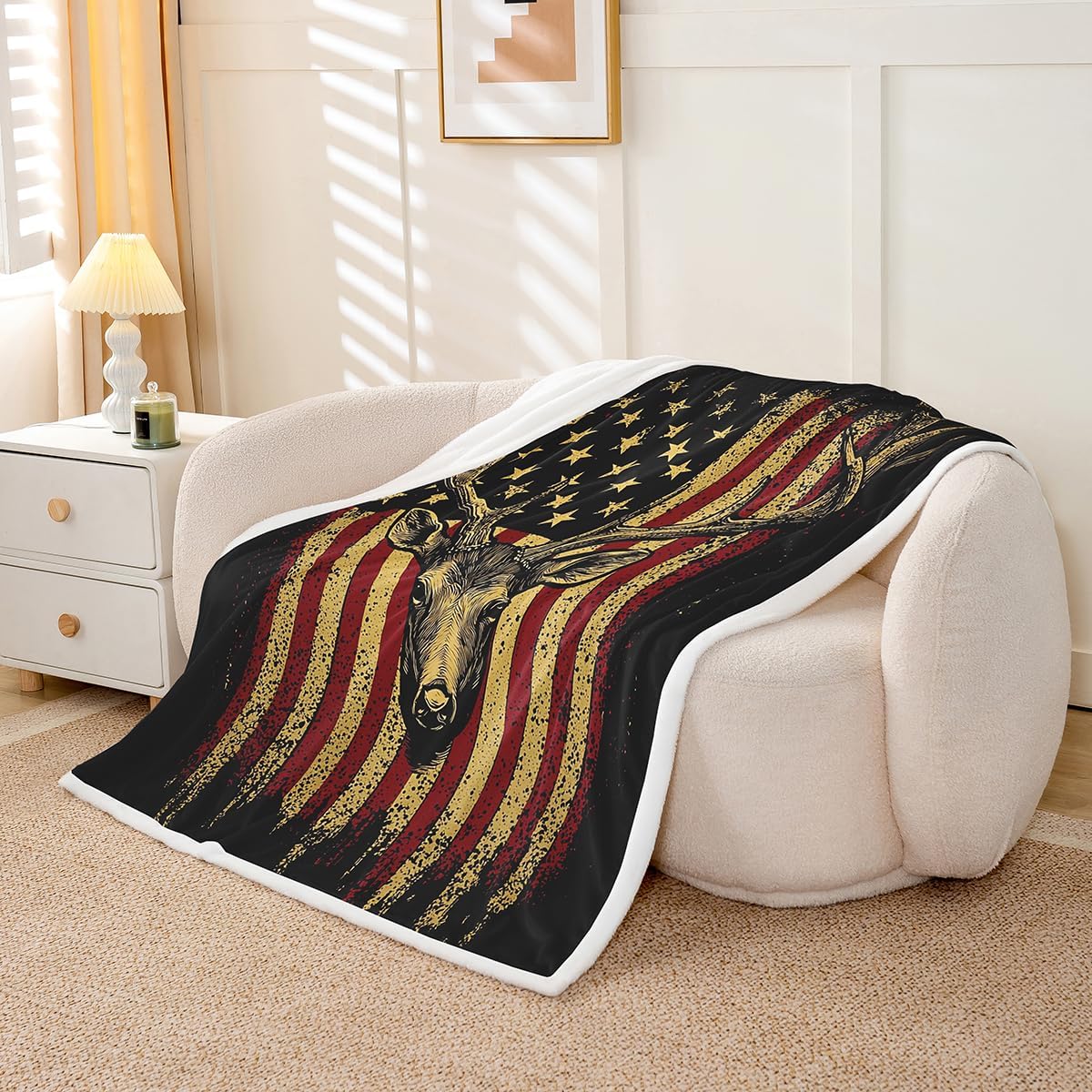 Erosebridal Elk Skull Fleece Blanket American Flag Blanket, Deer Antler Throw Blanket for Chair Vintage US Flag Sherpa Blanket, Retro Grunge Plush Blanket, Black Red
