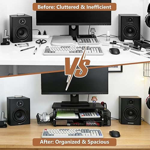 Miniatura 2 de Organizador de escritorio y accesorios para monitor, soporte para monitor con cajón (cajones de 2 niveles) con estante de almacenamiento lateral