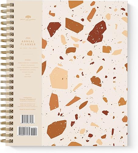 Bright Day - Agenda anual de terrazo 2024, anual, mensual, semanal, diario, encuadernada en espiral, agenda fechada, tapa flexible, cuaderno con