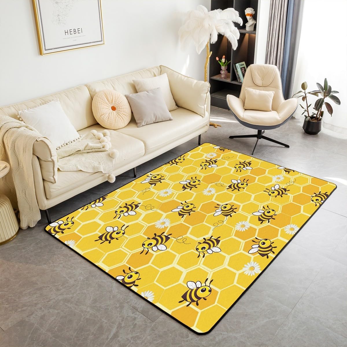 Erosebridal Honeycomb Area Rug 5x7, Bee Flowers Rug for Kids Child Girls, Flying Wildlife Carpet for Classroom, Hexagon Beehive Rustic Floral Simplistic Geometrical Washable Living Room Rugs
