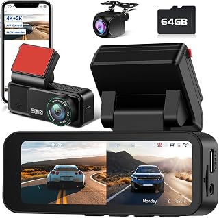 Hikity 2-Channel Dashcam, Dashcam 4K WiFi On-Board Car Front and 2K, with ADAS/GPS/G-Sensor/Loop Recording/Night Vision/24 Hours Monitoring Parking/64G Card