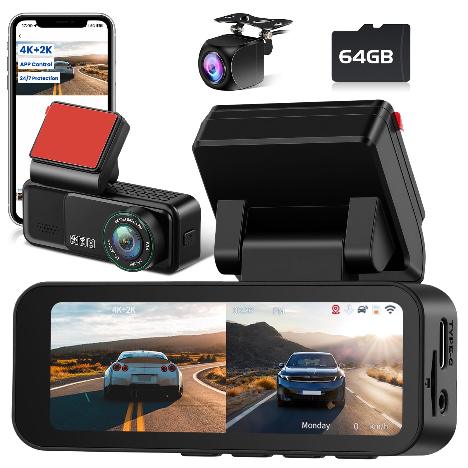 Hikity 2 Canali WIFI Dashcam Auto 360,Anteriore 4K + Posteriore 2K,con ADAS/GPS/G-Sensore/rEgistrazione in loop/Visione Notturna/24H Parcheggio Monitor/Scheda da 64 GB