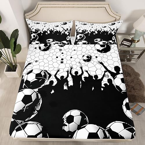 Manfei Juego de sábanas bajeras de fútbol tamaño matrimonial, juego de ropa de cama con temática deportiva de fútbol, 3 piezas para decoración de