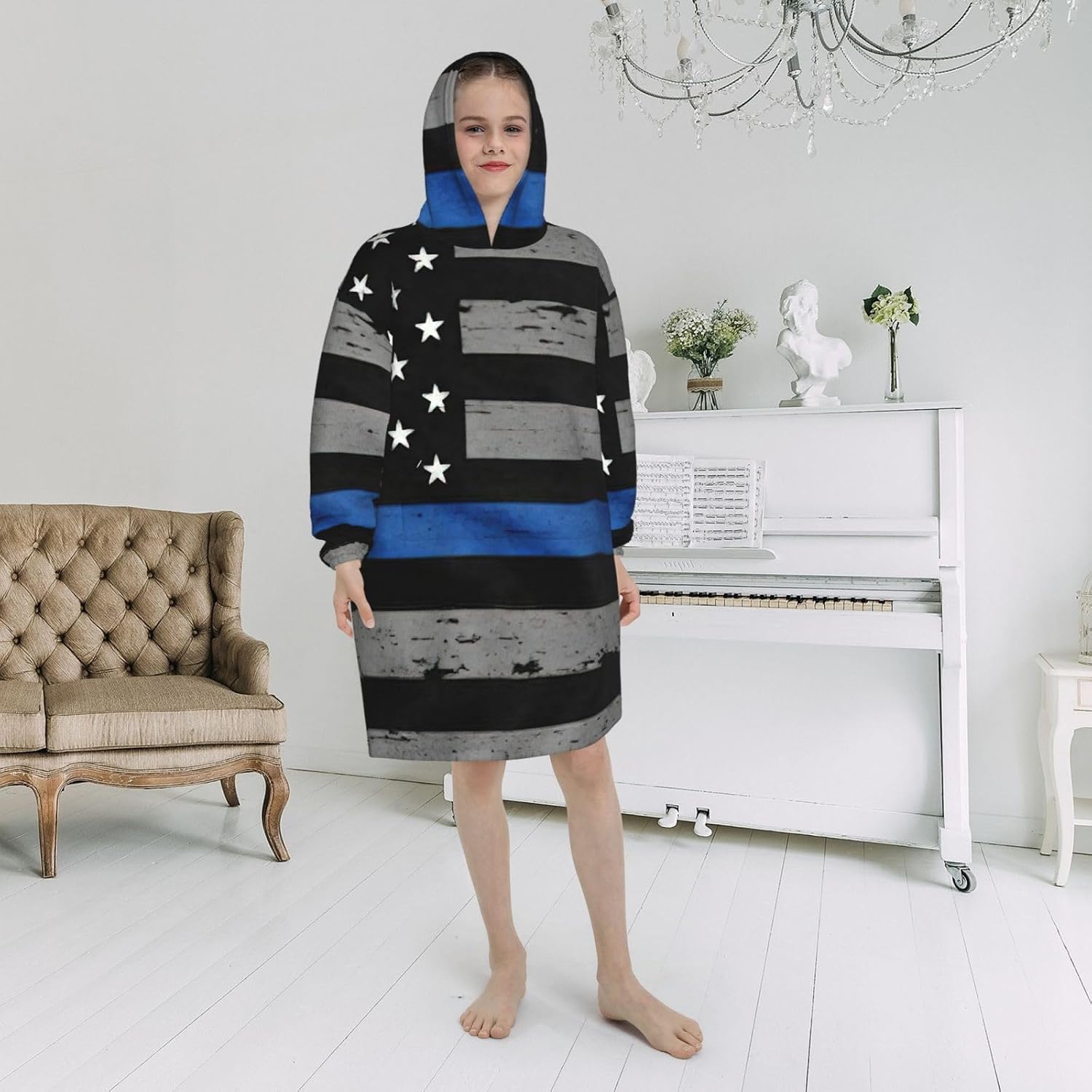 American Thin Blue Line Flag Print Oversized Blanket Hoodie, Wearable Blanket Hooded,Hooded Pullover With Pocket