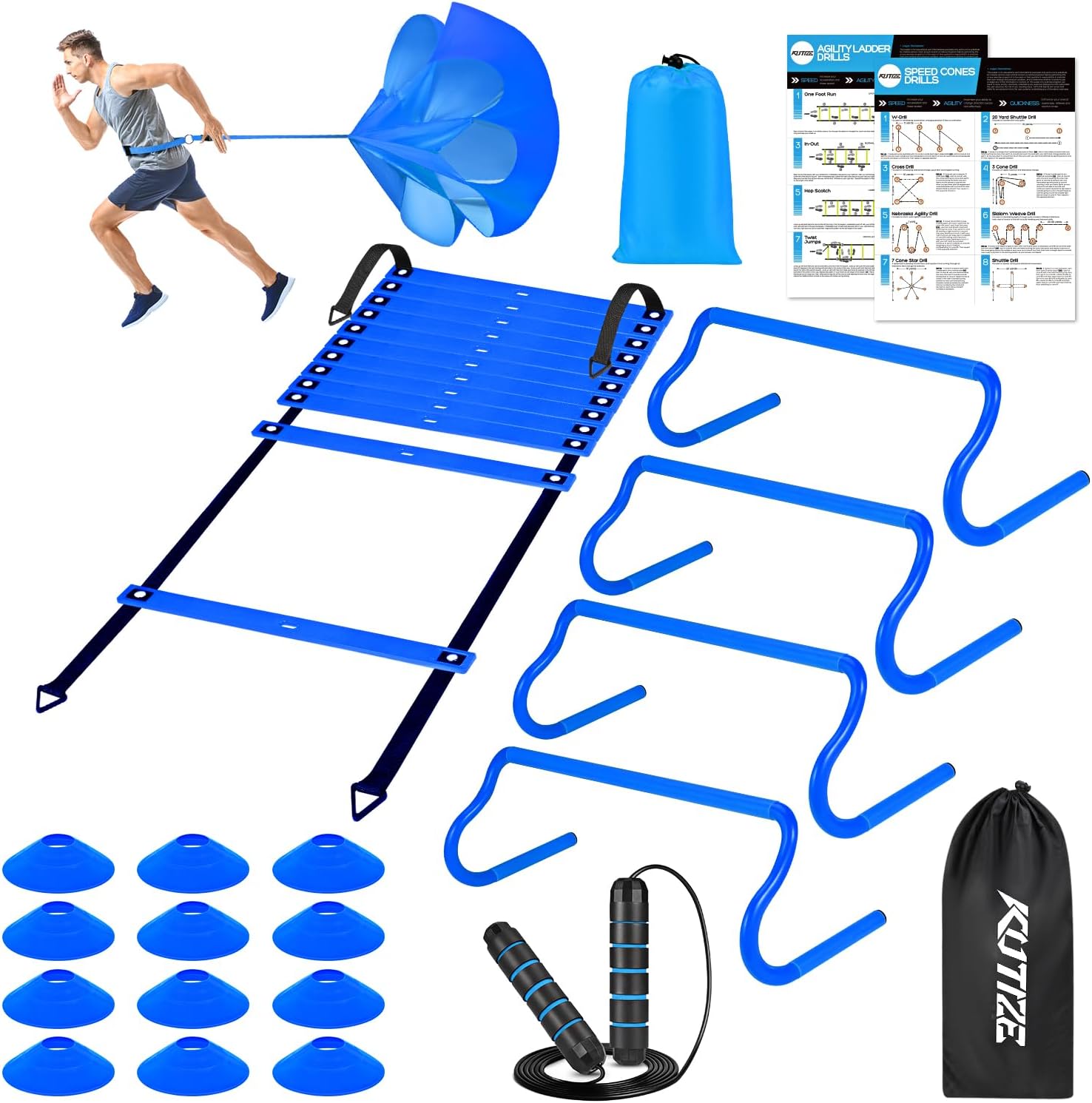 Agility Training Equipment, Soccer Training Equipment, Agility Speed Training Set for Kid Youth Adults, 20FT Agility Ladder, 4 Hurdles,12 Soccer Cones, Jump Rope, Running Parachute, Drill Charts