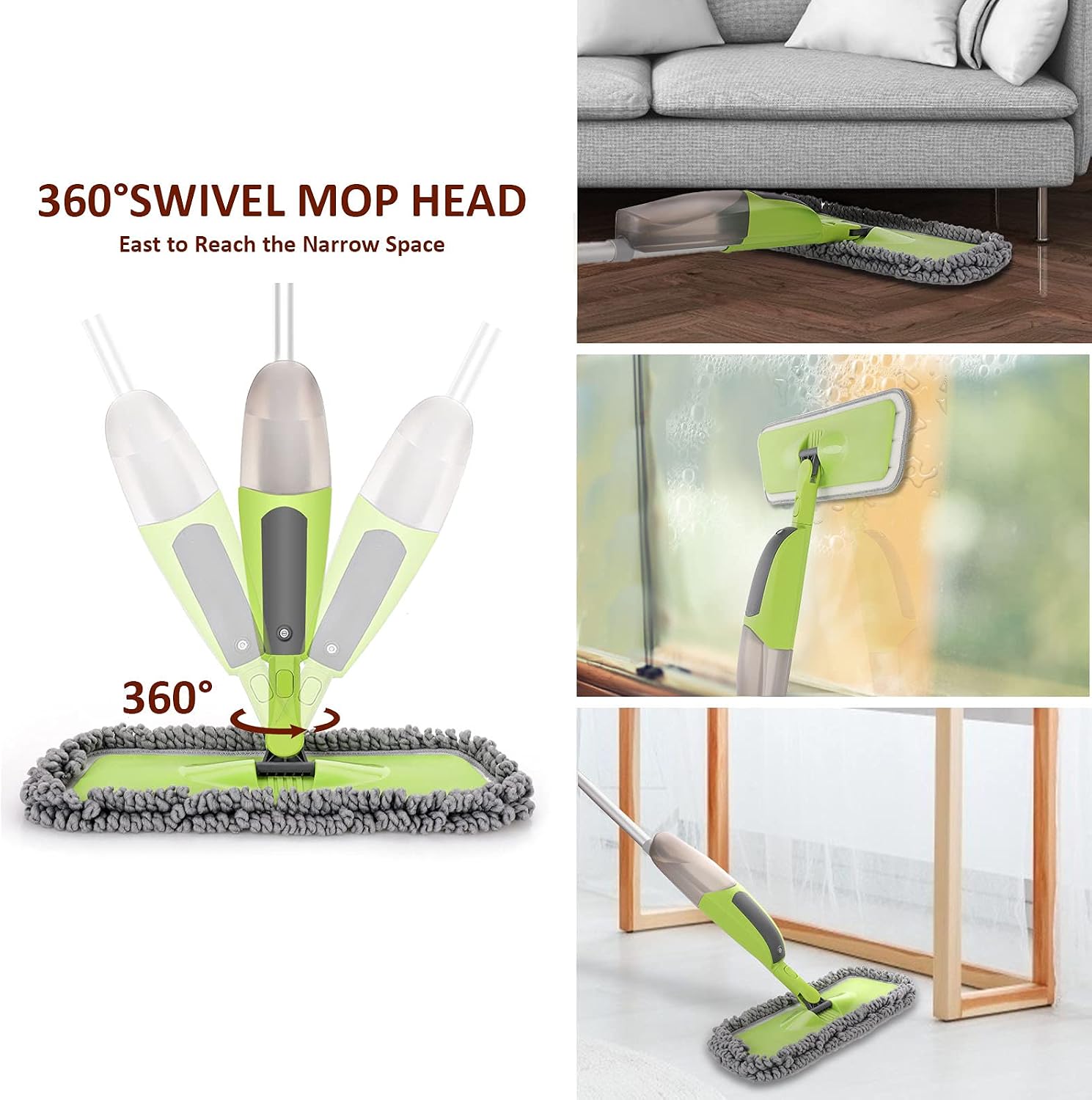 Tobeelec Spray Mop for Floor Cleaning, Floor Mop with 3 Washable Microfiber Pads and a 550ML Refillable Spray Bottle, 360 Degree Rotatable Flat Mop for Hardwood Laminate Marble Tiles(Green)