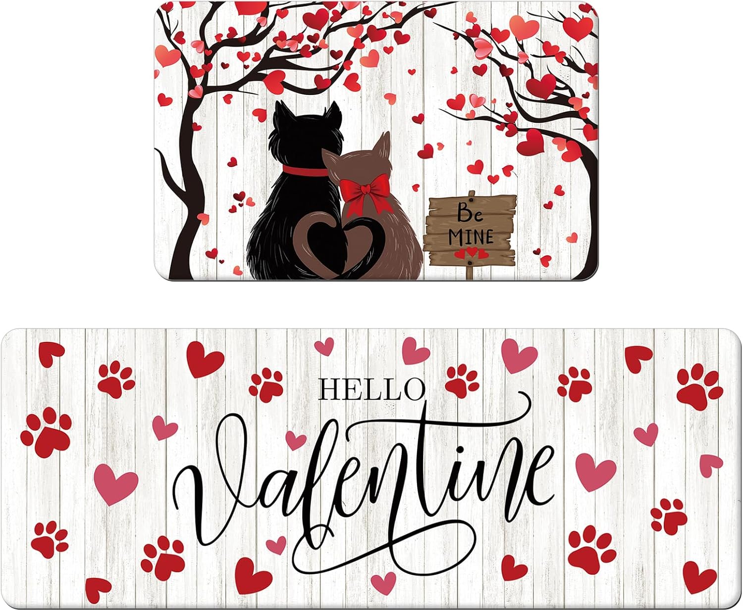 APROPHIC Valentines Kitchen Mat, Valentine's Day Love Heart Cat Wooden Rugs and Mats Set of 2, Kitty Dog Paw Print Kitchen Bathroom Decor Floor Mat Non Slip Washable Carpet 16x24 + 16x41 in