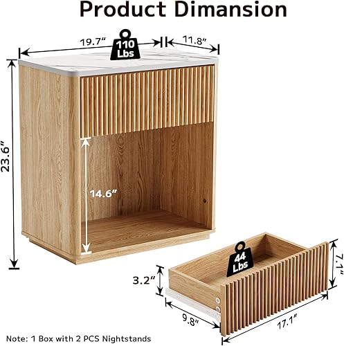 Miniatura 2 de Juego de 2 mesitas de noche acanaladas modernas para dormitorio, mesita de noche de mediados de siglo con cajón y estante abierto, mesa auxiliar de