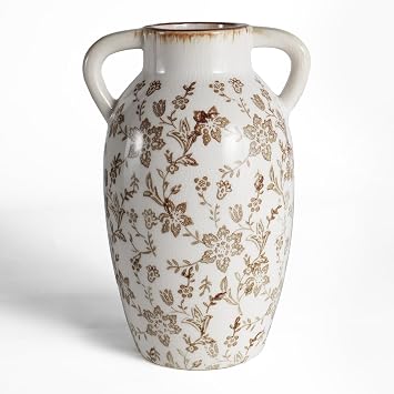 Vintage Brown Floral Vase with Handles, 9.45 Inch Ceramic Boho Decor | Crackle glaze finish for farmhouse table centerpieces and chinoiserie home styling