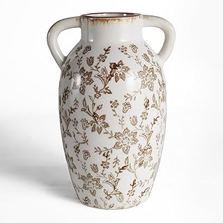 Vintage Ceramic Vase with Handles, 9.45 Inch Crackle Glaze Floral Patter...