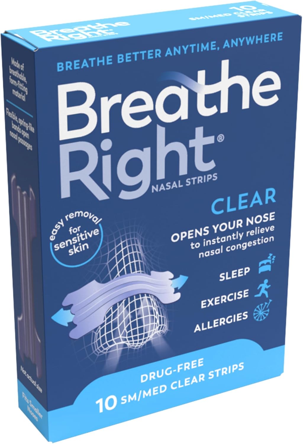 Breathe Right Clear Small/Medium 10 Pieces, Nasal Strips for Snoring, Nose Strips for Breathing, Blocked Nose Relief, Drug-free Snoring Aid for Men and Women, Packaging may vary