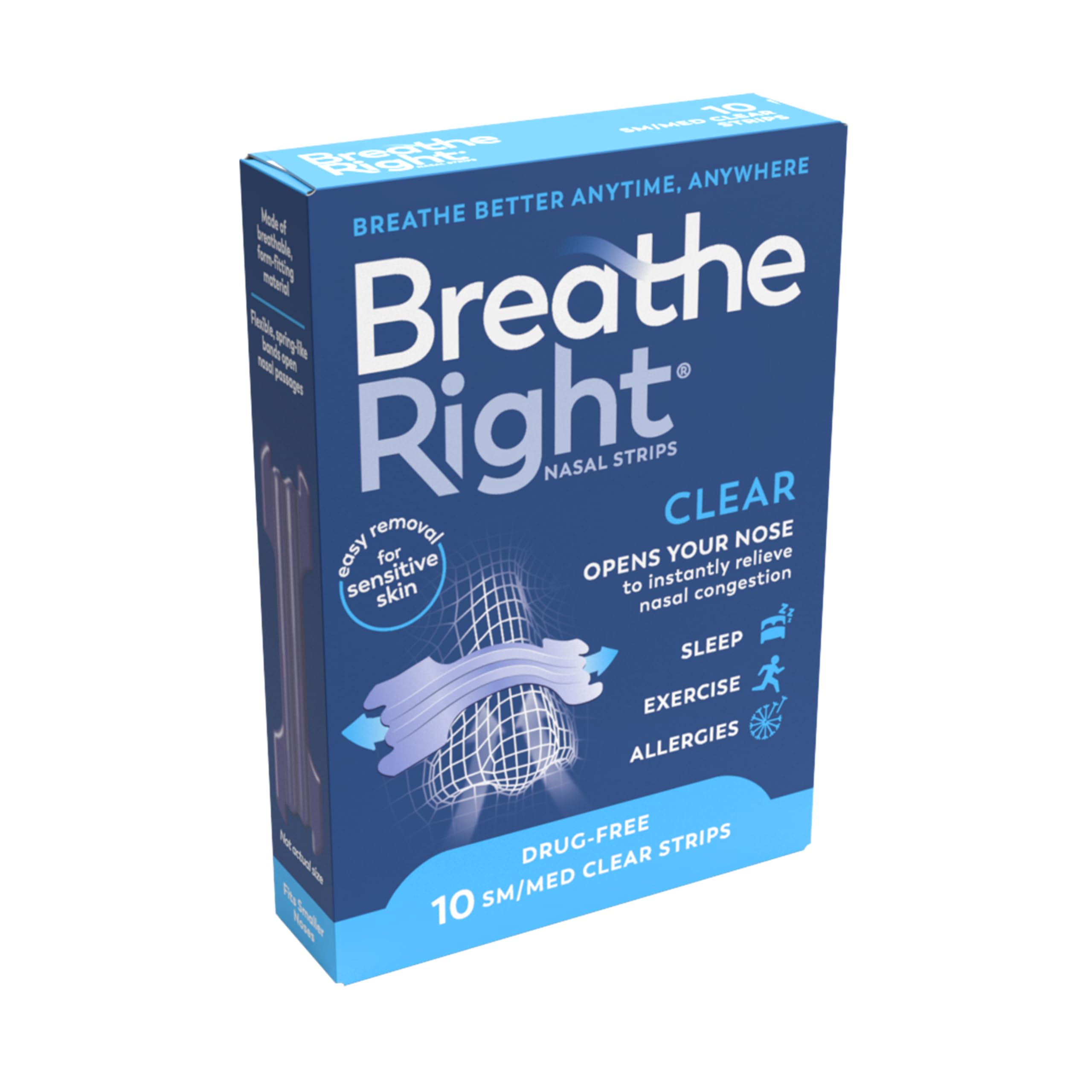 Breathe RightClear Small/Medium 10 Pieces, Nasal Strips for Snoring, Nose Strips for Breathing, Blocked Nose Relief, Drug-free Snoring Aid for Men and Women, Packaging may vary