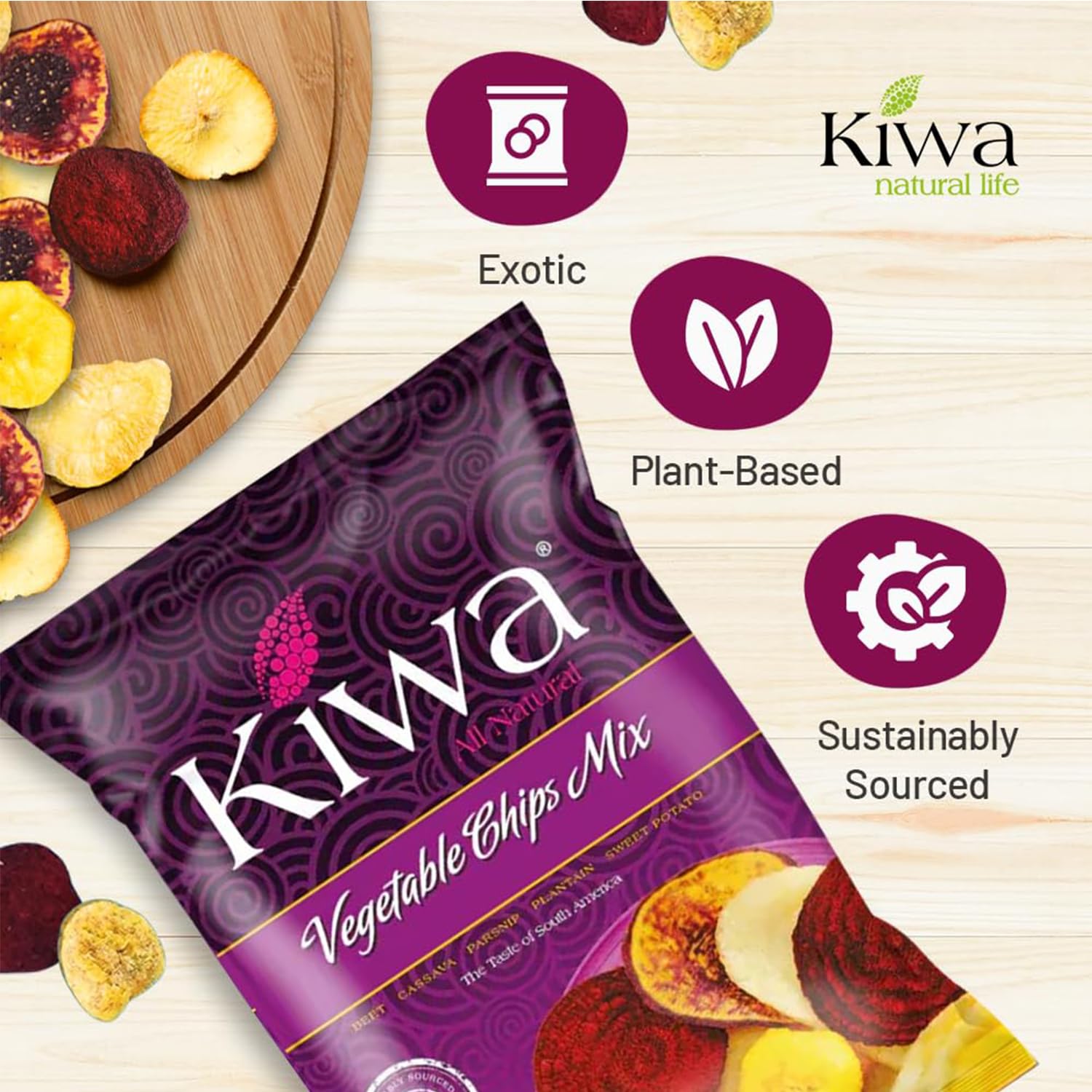 Kiwa Vegetable Chips Mix 5-Pack – Gluten-Free, Vegan, Kosher, Non-GMO Snack – Made with Cassava, Parsnip, Sweet Potato, Plantain & Beetroot – 5.25oz Bags (5 Count)