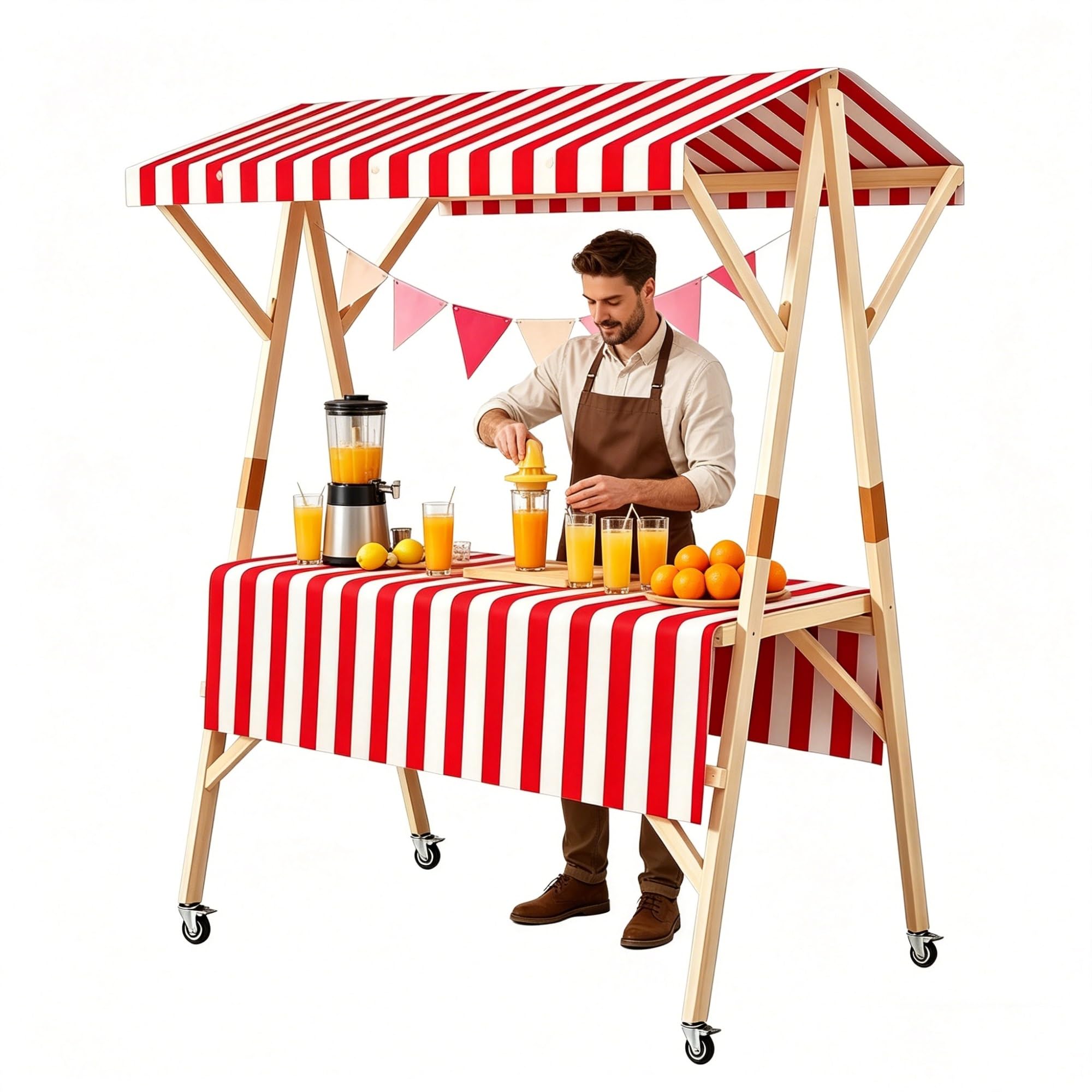 Tragbarer Marktstand Imbisswagen, Faltbarer Verkaufsstand mit UPF50+ Verdeck, Holz Limonadenstand, Verkaufswagen für Märkte, Partys und Veranstaltungen(Red,59in/150cm)