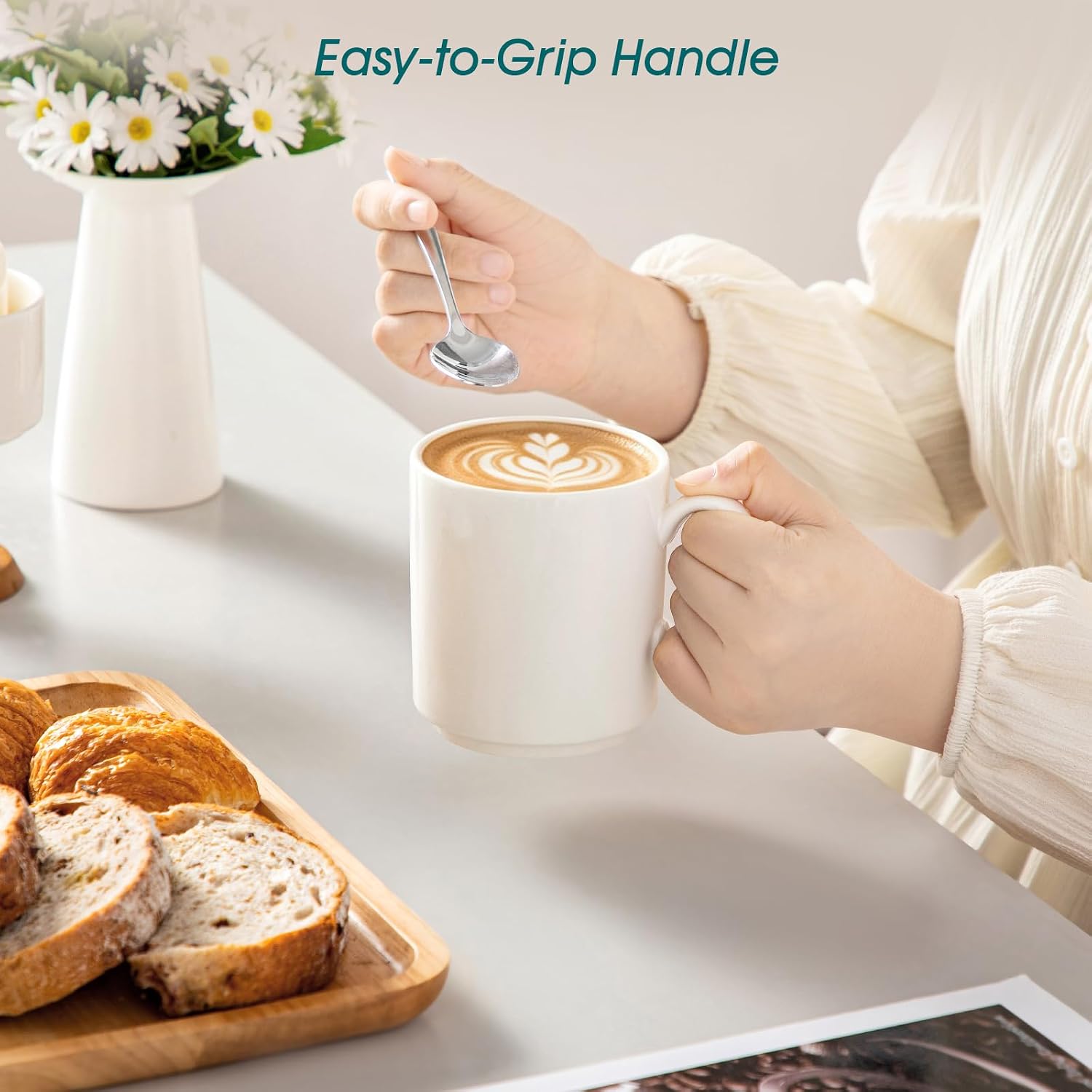 vancasso Porcelain Coffee Mugs Set of 6, 16 oz Coffee Cups for Latte, Cappuccino, Tea & Hot Cocoa, Modern Minimalist Mug Set for Home & Office, Microwave & Dishwasher Safe, White image 5