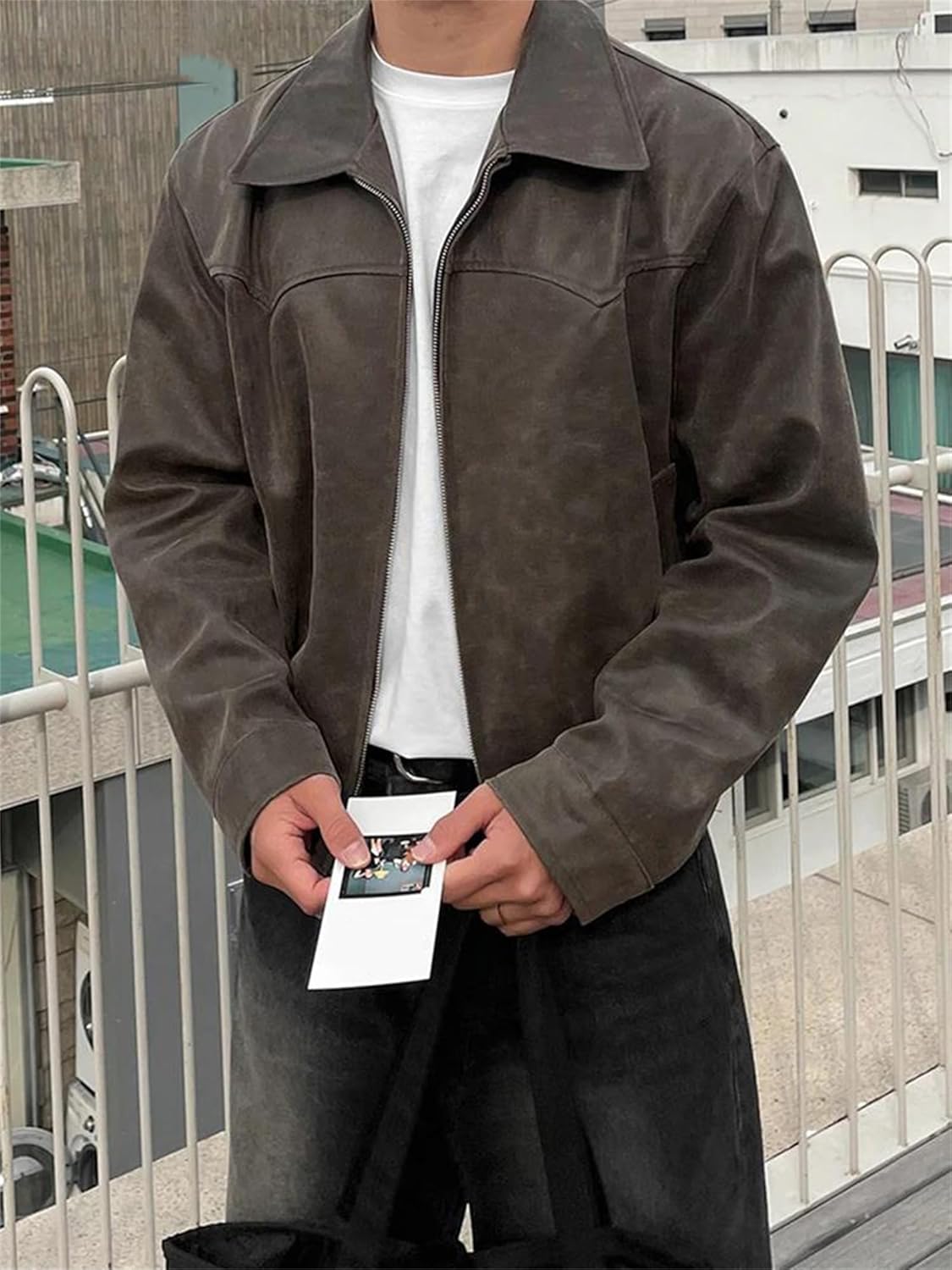 Men's Distressed Washed Brown Pu Leather Jacket Turn-Down Collar Casual Short Coat With Pockets Faux Leather Jacket