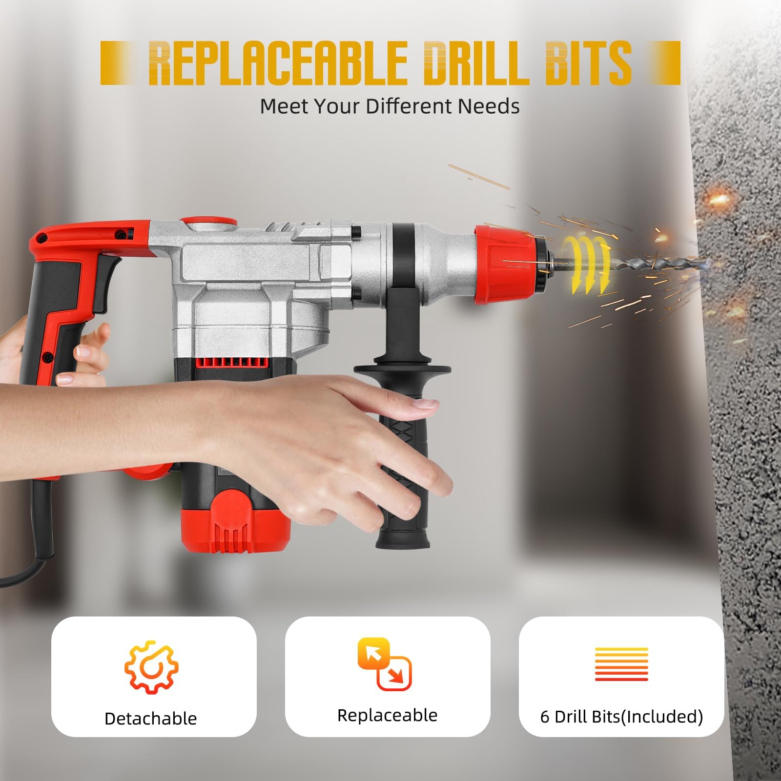 Martillo rotativo, martillo rotativo resistente, acoplamiento de seguridad de 930 U, control de vibraciones, cuerda de martillo de demolición, martillo de demolición de 3300 min para hormigón