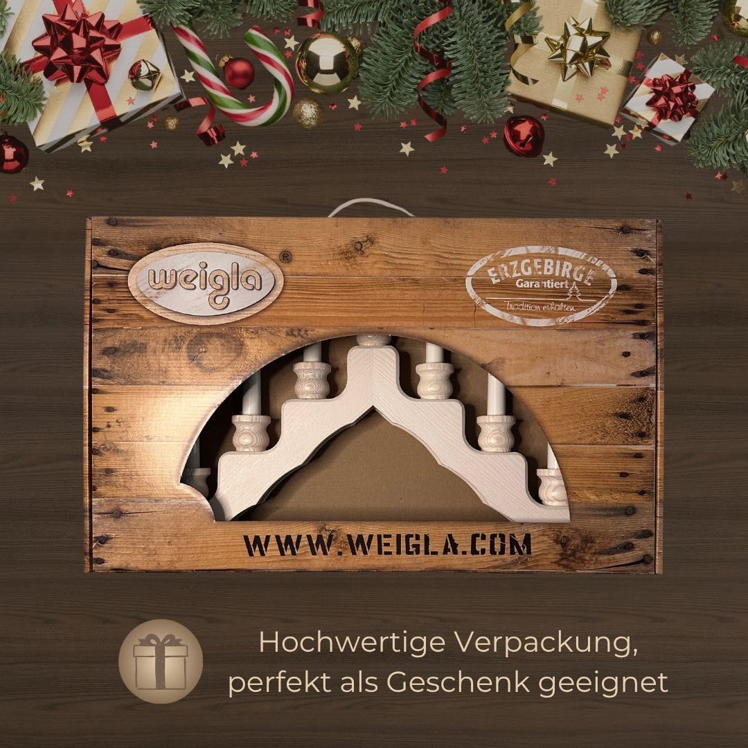 weigla - Schwedenleuchter original Erzgebirge I Trendiger Schwede WEIẞ I LED I Schwibbogen Weihnachten I 7 Lampenkerzen + 1 Ersatzlampe I 7 x 34 V, 0,2 W, E10 I Weihnachtsdeko innen I Kiefernholz