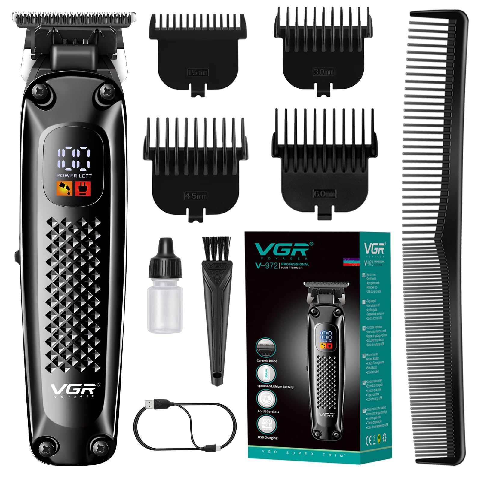 VGR 972 – Cortadora de pelo profesional, recortadora de barba de precisión para hombres, con cable/inalámbrica y recargable con pa